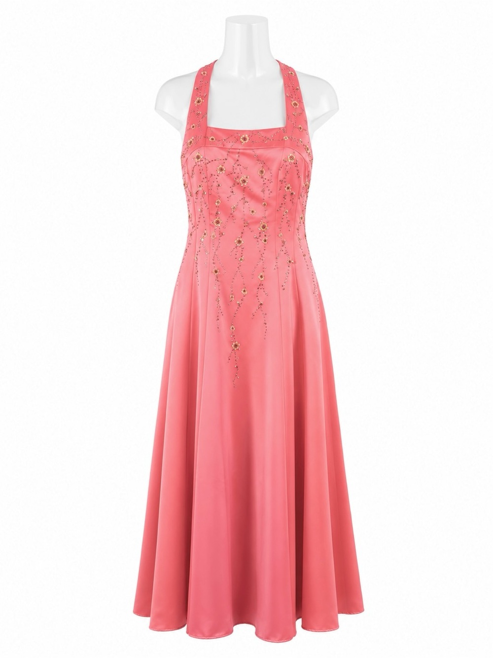 Morgan & Co Coral Pink Beaded Halter Prom Dress Gown Size 5/6